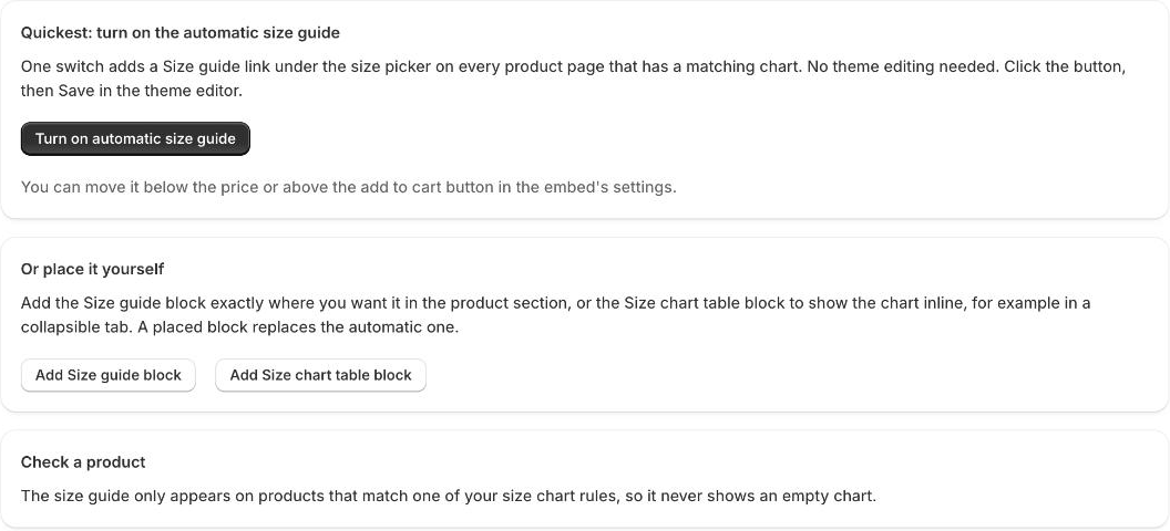The Sizewise setup page with the one-click automatic size guide option